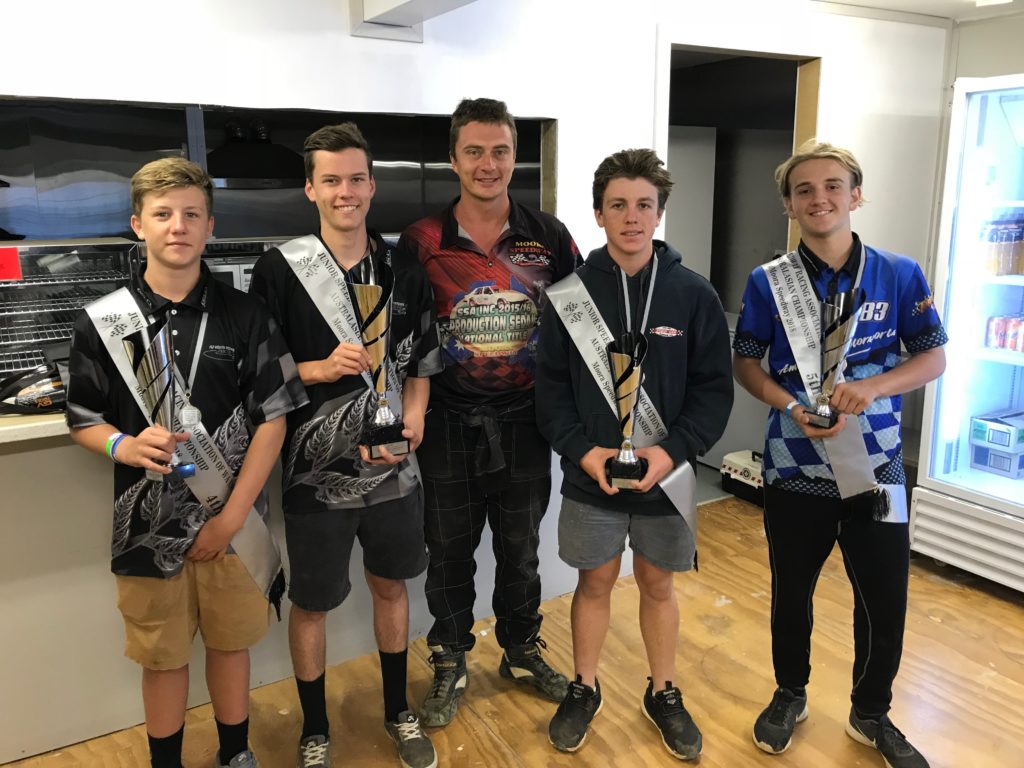 Australasian Junior Sedan Championship Podium - 3rd Jorj Park (absent), 4th Jayden Fraser, 1st Chris Kerohan, Dale Cockman (Moora Club President), 2nd Zac Minshull, 5th Corey Ameduri